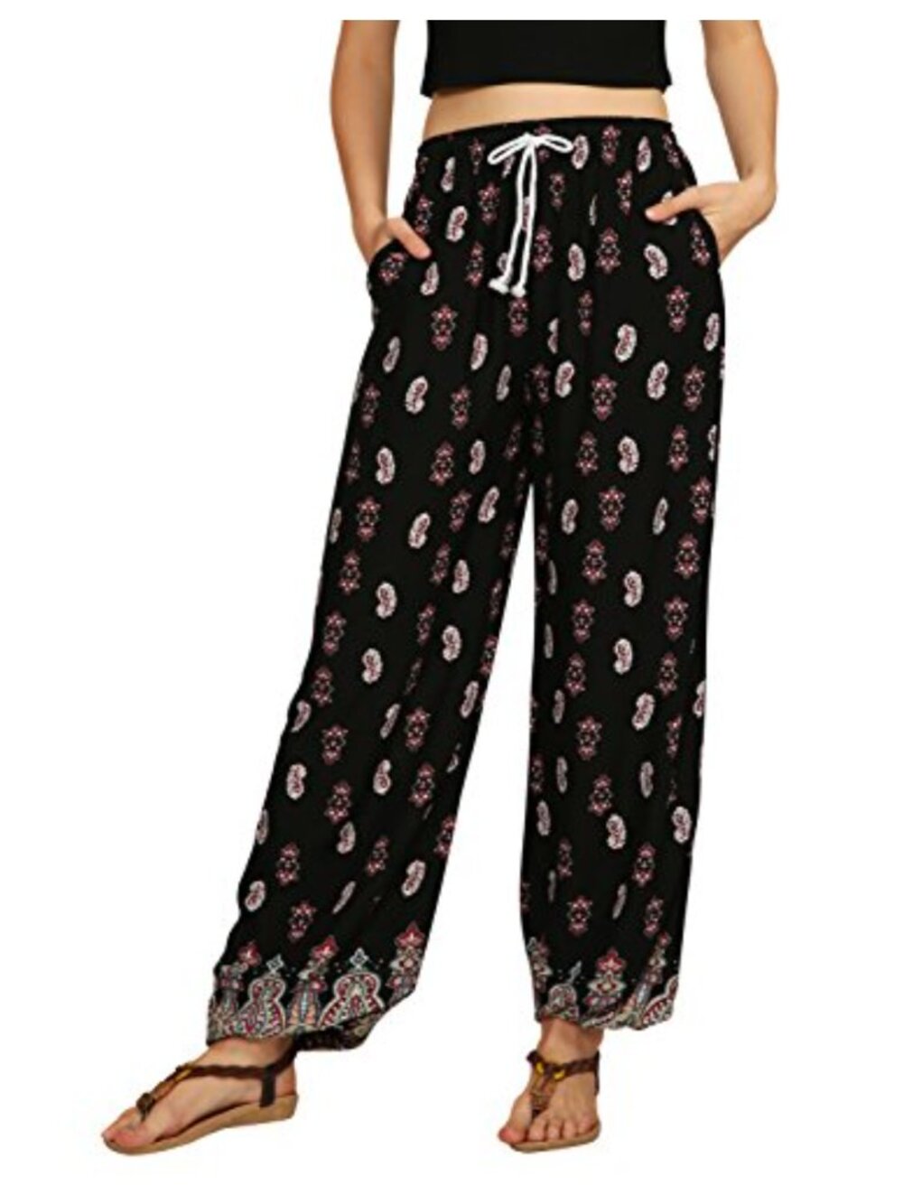 Boho Floral Print Harem Jogger Pants, Elastic Cuffs, Relaxed Fit